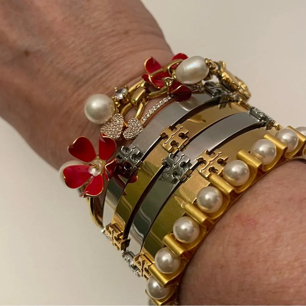 Tory Burch- Miller Logo Hinged Bangle Bracelet available in silver or gold - Picture 8 of 10